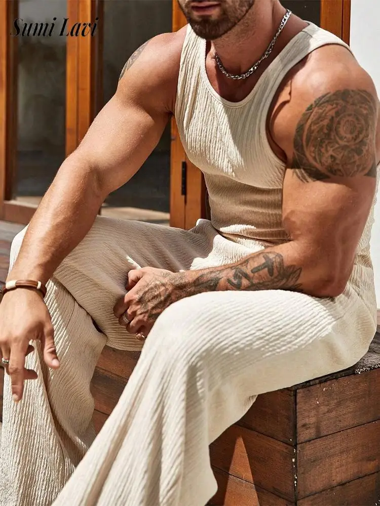 Sports Training Men's Ribbed Tracksuits 2025 Summer Fashion Solid Color Tank Tops And Pants Sets Men Casual Two Pieces Suits