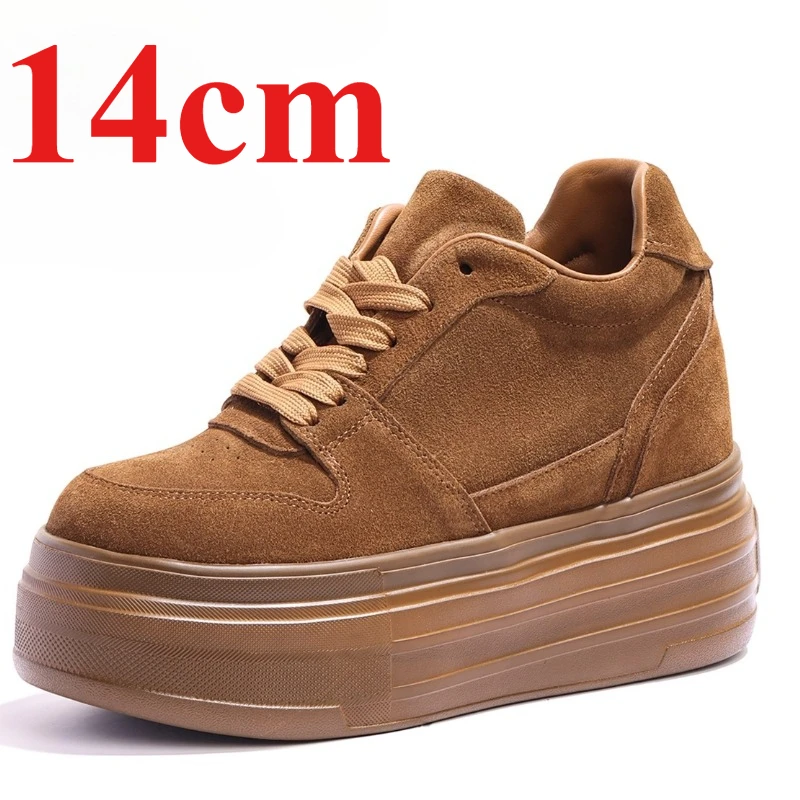 

Outdoor Girl Style Ultra-high Height Increasing Shoes Women's 14cm Increase Casual Shoes Genuine Leather Brown Elevated Shoes