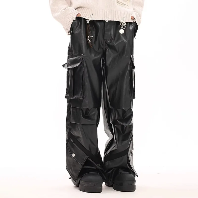 MWJLPWQ Pantalones cargo de cuero brillante con múltiples bolsillos de gama alta estilo americano pantalones casuales de pierna ancha sueltos funcionales de nicho 20226