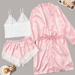 Pajamas Set Women Sexy Silk-like Lace Patchwork Sleepwear Three-piece Nightgown Home Nightwear Spring Summer Nightdress