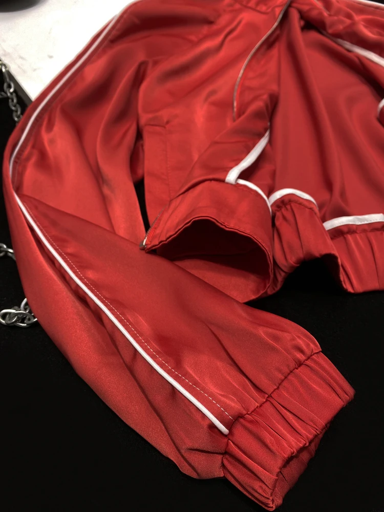 [YOZOU] Red Silk Satin Luxury Vintage Chic Woman Zipper Short Jackets Coat Korean High Quality Outerwear Rave Outfits Streetwear