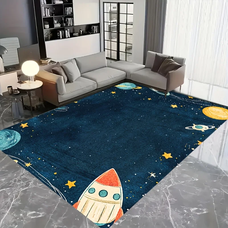 Outer Space Rocket Planet Star Navy Blue Area Rug, Cartoon Solar System Non-slip Educational Play Mat for Bedroom