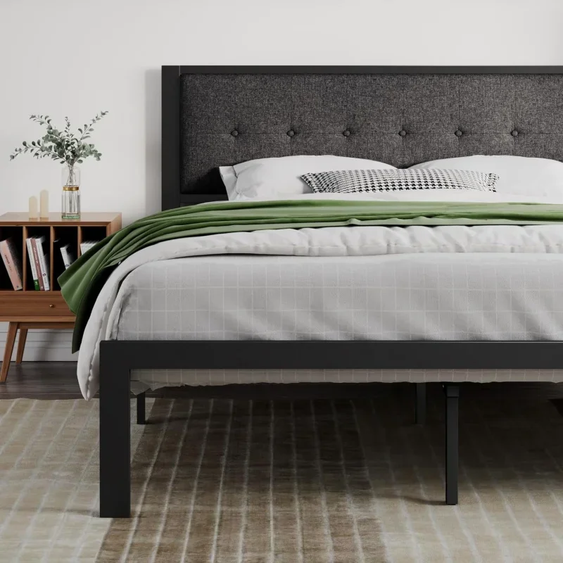 King Size Bed Frame Upholstered Headboard,Platform Bed with Metal Slats,Button Tufted Square Stitched Headboard,Grey