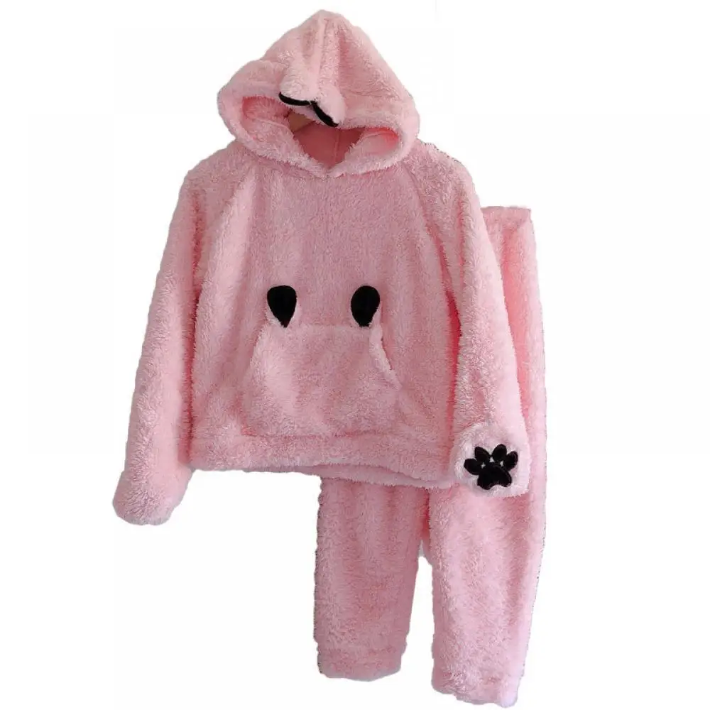 Zawaland Winter Pink Cute Hooded Loungewear Suit Warm Pile Pajama Set Mother Daughter Home Clothing Thickened Pajama Pants