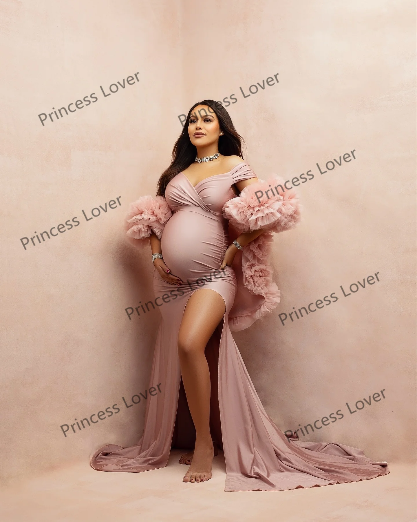 Lichtroze galajurken met split en omslag van de schouder, zwangerschapsjurk, op maat gemaakte vestido de novia fotografie rekwisieten