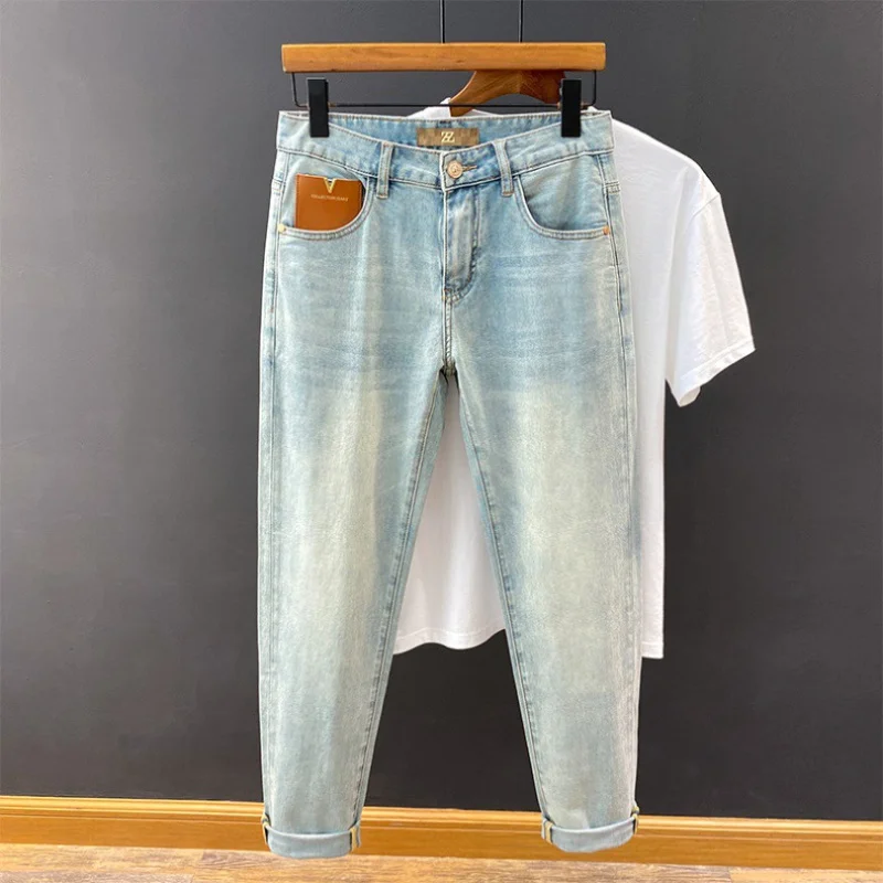 High-end affordable luxury jeans men's summer thin slim fit skinny casual all-match Street trendy retro blue stretch trousers