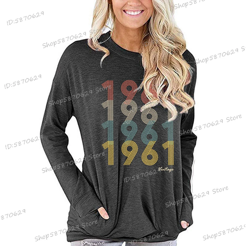 Creative Line Year 1961 Vintage Graphic Tees Women Birthday Anniversary T Shirt Loose Long Sleeve T-Shirts Ladies Fashion Tops