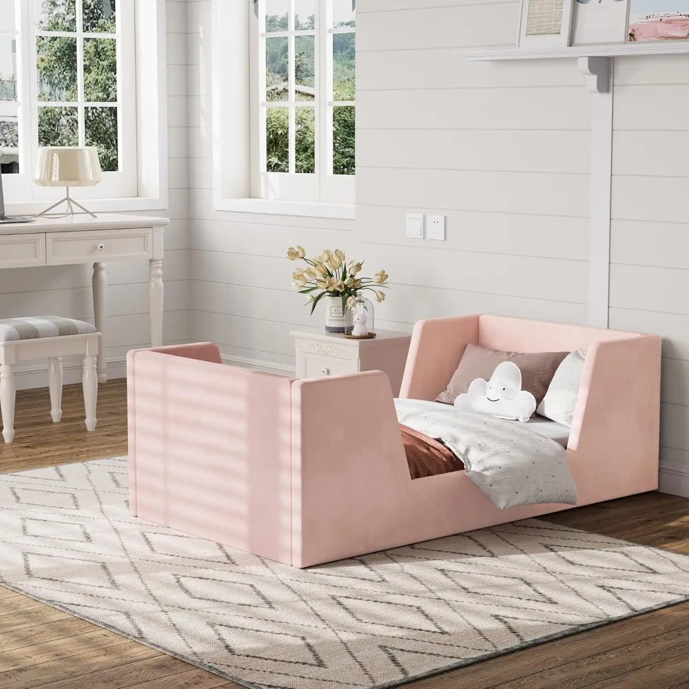 幼児用ベッド、ガードレール付き幼児用フロアベッドフレーム、2～6歳向け子供用ベッド、女の子と男の子向けの小さなベッド、標準サイズ