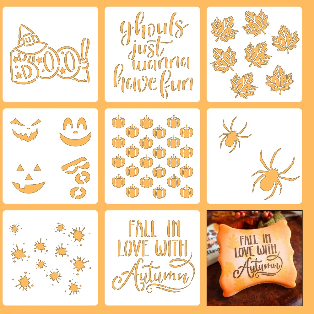 8Pcs Halloween Spray Stencils, Pumpkin Spider Maple Leaf Template for Cake & Cookie Cream Powder Party Baking Decoration