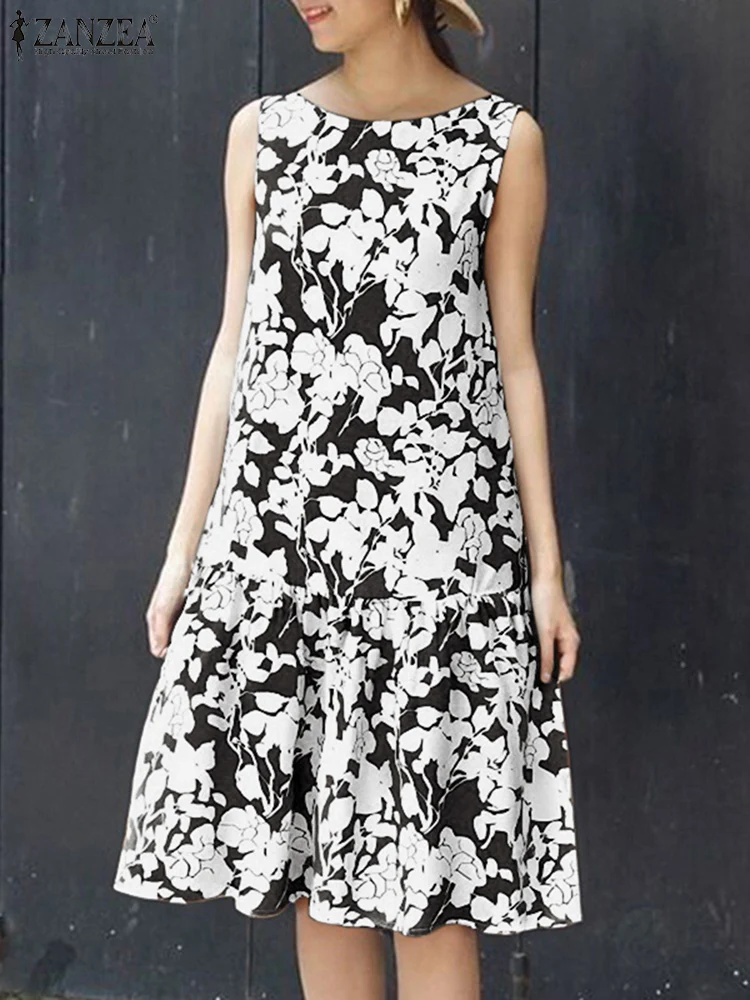 ZANZEA Women Bohemian Print Summer Dress Sleeveless Beach Sundress 2025 Fashion Vintage Long Vestidos Casual O-Neck Loose Robe