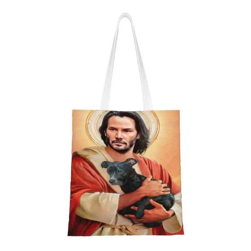 Kawaii พิมพ์ Keanu Reeves ถือลูกสุนัข Shopping Tote Bag Canvas Shopper กระเป๋าสะพาย Saint Meme พระเยซู John Wick กระเป๋าถือ