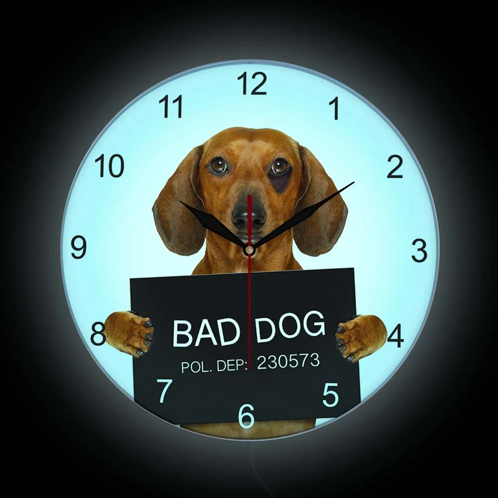 Mug Shot Dachshund Dog Funny Wall Clock With Backlight Pet Jail Animal Home Decor LED Wall Clock Pet Shop Custom Display Sign