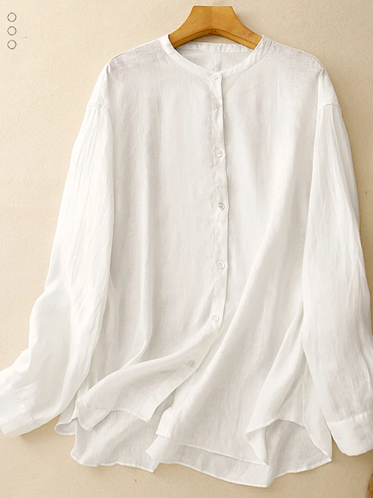 Loose Casual Long Sve Linen irt Women Spring Autumn round Ne Cotton Linen Sunscreen Open Cardigan Top Versatile Layering