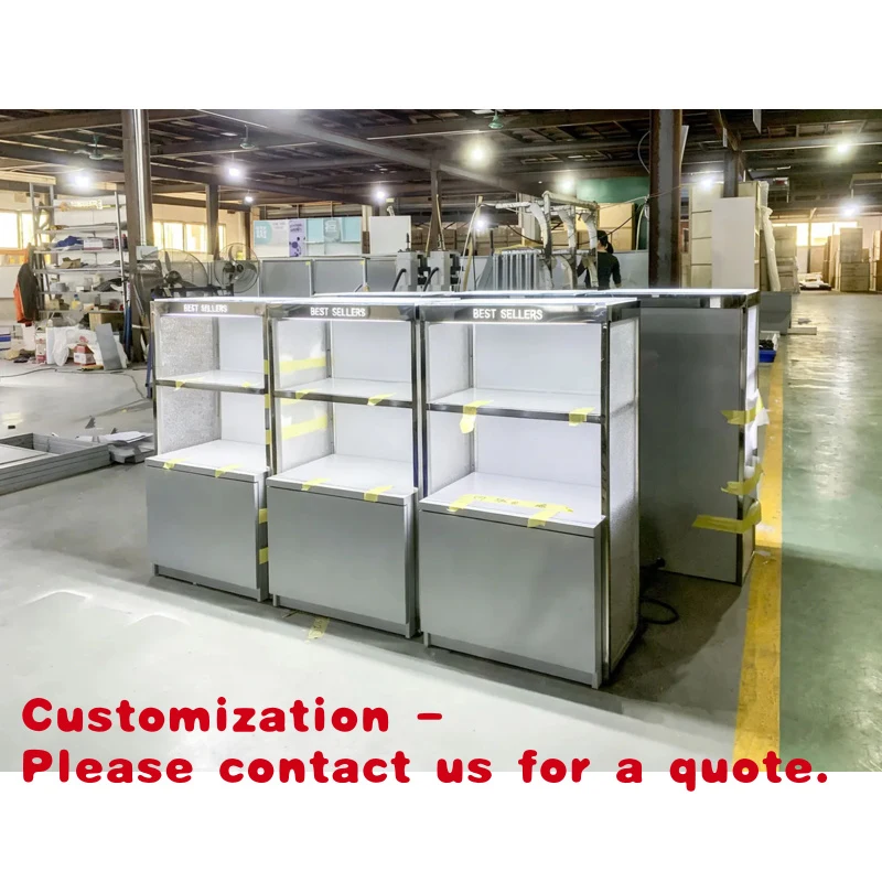 

custom.Cosmetic Display Cabinet Showcase Freestanding Integrated Metal Trim LED Sign Adjustable Customizable Hi
