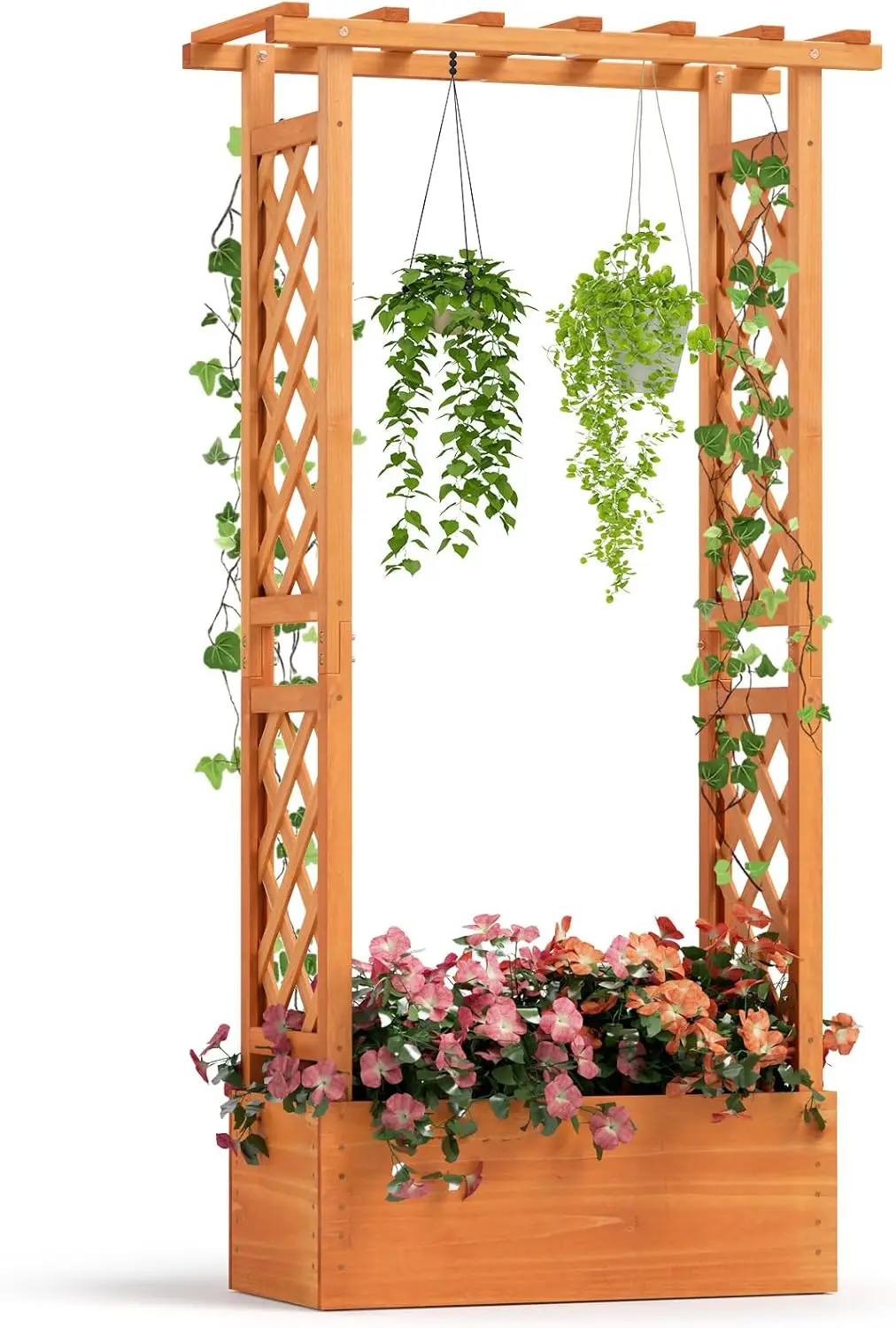 

Raised Garden Bed with 2-Sided Trellis & Hanging Roof, Fir Wood Planter Box w/Drainage Holes, Bottom Gaps, Freestanding Garden P