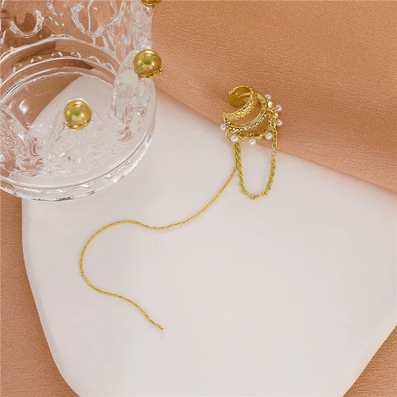 Luxury Crystal French Imitation Pearl Long Tassel Earrings Without Pierced Ear Cuff For Women Girl Fashion Ear Clip Jewelry 2022