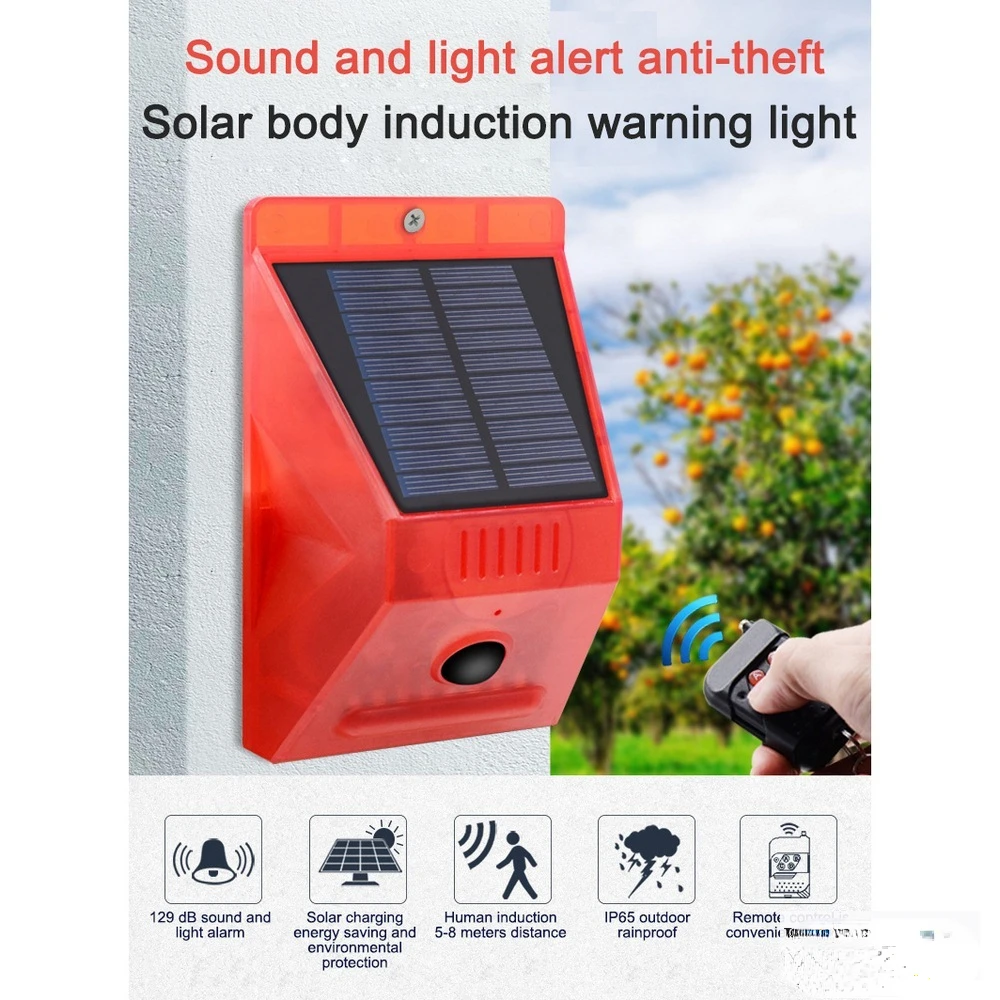 Outdoor Waterproof Solar Alarm Light Solar Warning Remote Alarm Human Body Induction Infrared Sound