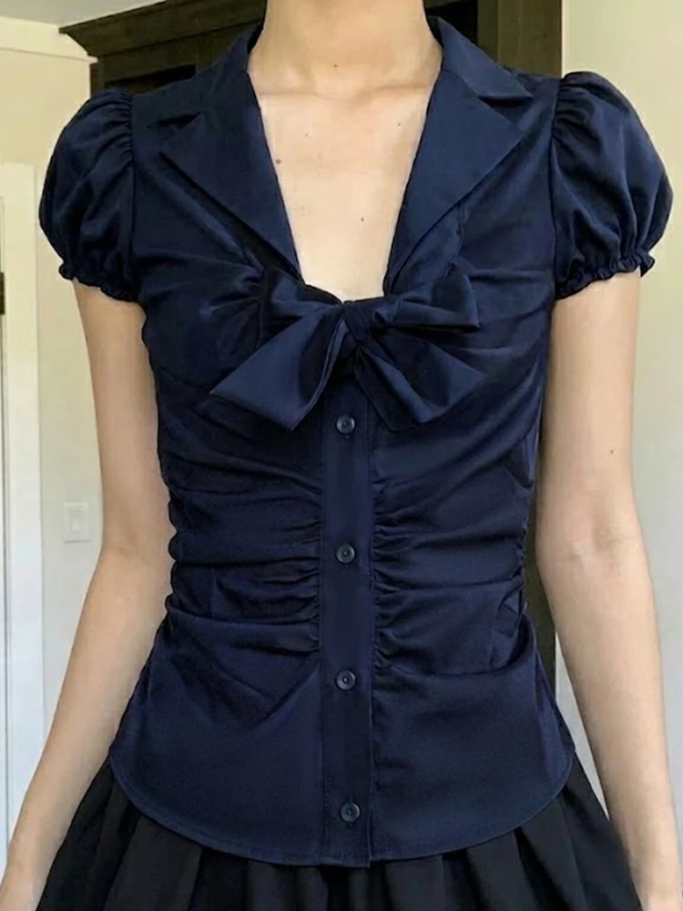 Bow Printed Women's Shirt Solid Cardigan Slim Tees 2026 Summer New Y2K High Street Casual Sweet Cute Vintage Female Blouses