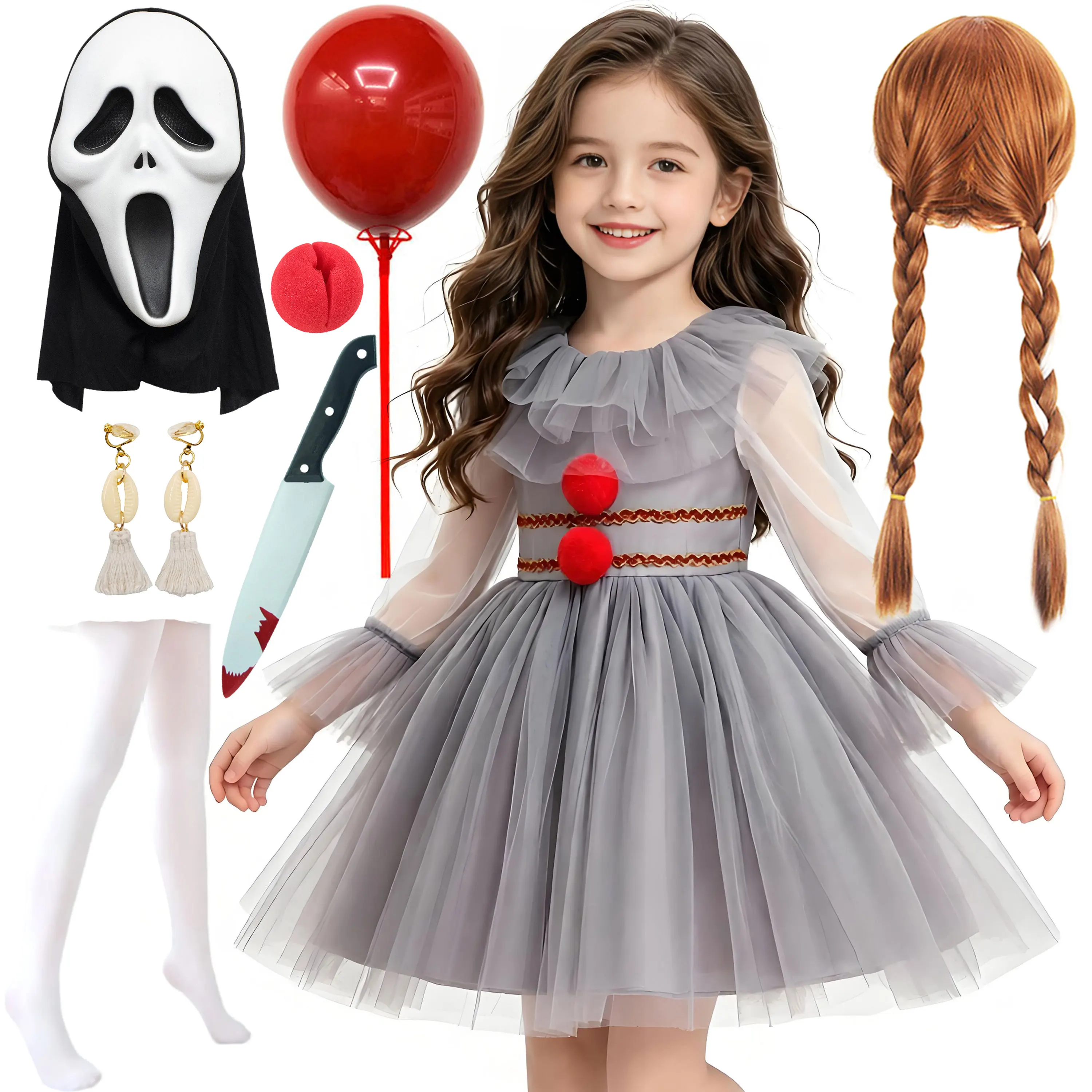 2026 Girls Grey Clown Fancy Dress Up Outfit Halloween Carnival Scary Horror Themed Holiday Party Cosplay Performance Dress Suit