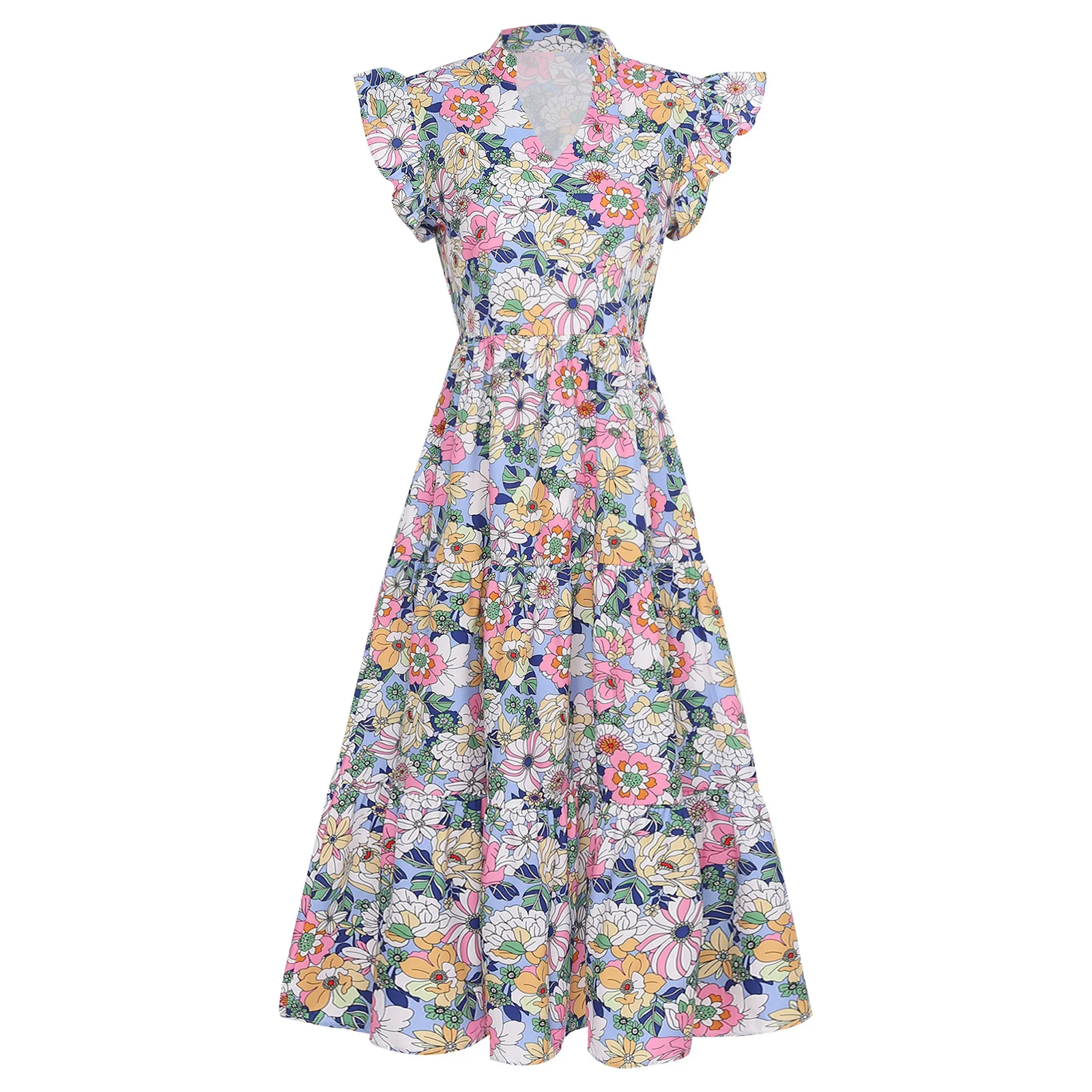 Abiti lunghi da spiaggia da donna da donna Abito floreale stile Boho con scollo a V increspato Abiti casual fluidi Abito da sole per le vacanze di nozze