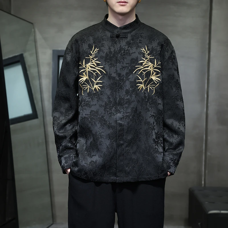 Men Chinese Fashion Bamboo Embroidery Vintage Loose Casual Long Sleeve Shirts Man Kung Fu Clothes Plus Size Performance Costumes