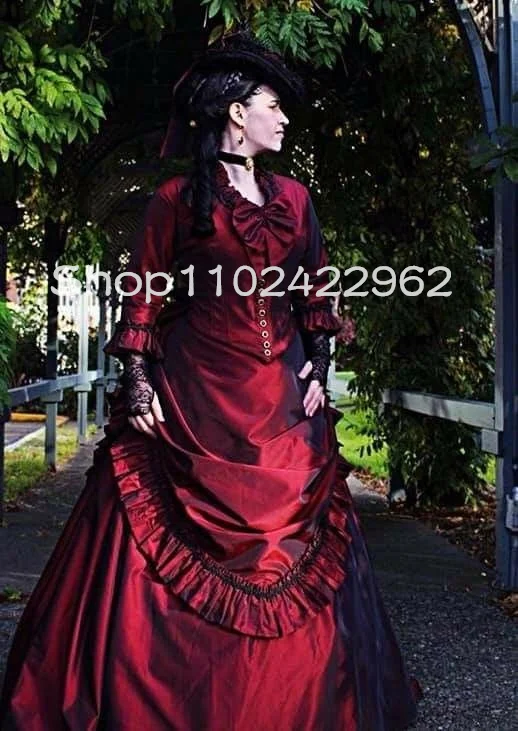 Historically Themed Victorian Ball Gown Prom Dresses with Long Sleeve Burgundy Ruched Bustle Corset Gothic Evening Dress