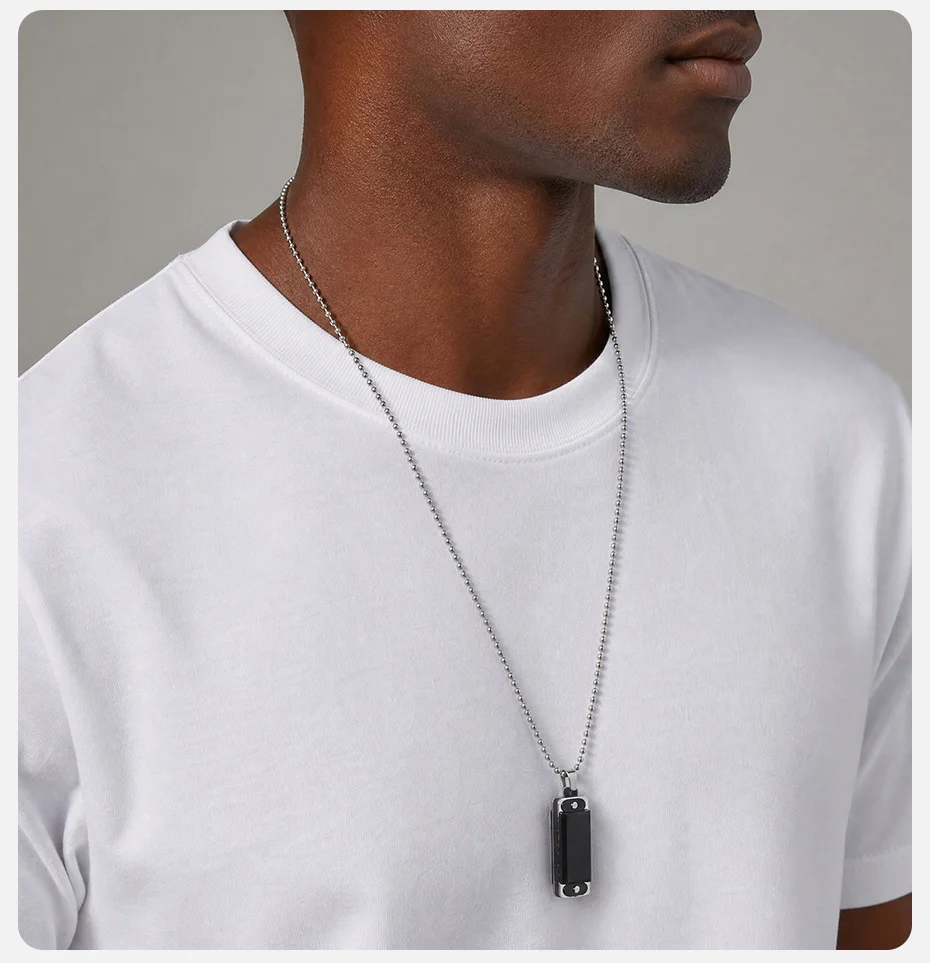 Vnox Herren Mundharmonika Anhänger Halskette, Edelstahl Perlenkette Rechteckiger Legierungsanhänger Schwarz Punk Alltagsschmuck Geschenk für Ihn – Detail 3