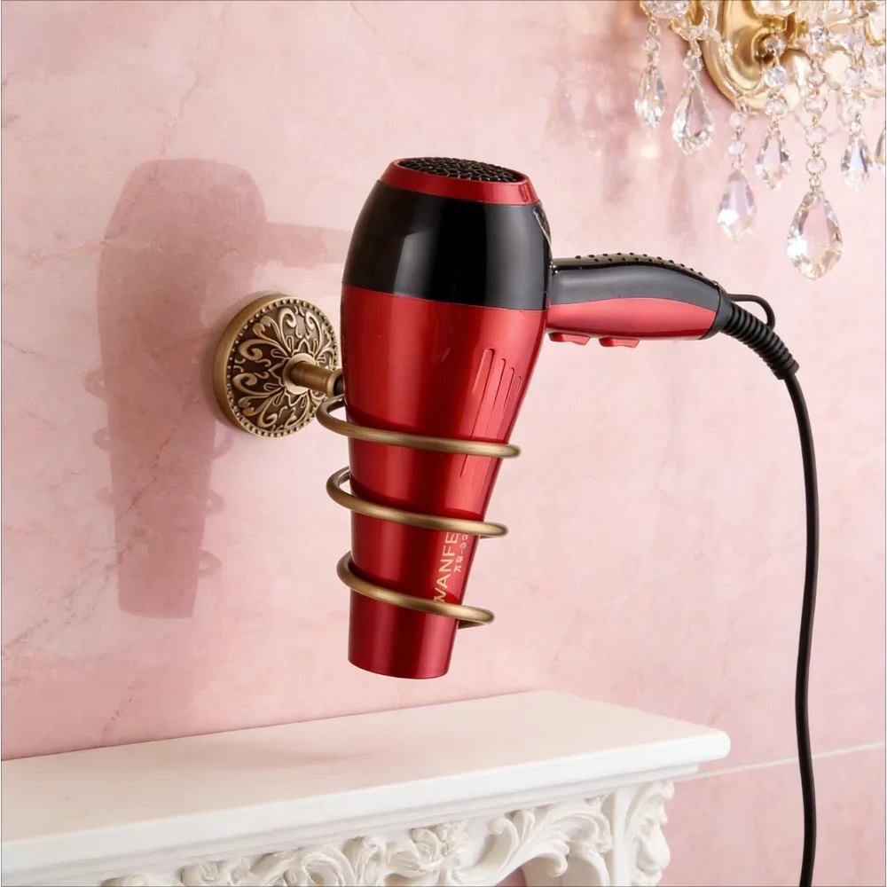 

Carved floral pattern antique brass wall hanging hair dryer rack, bathroom rack