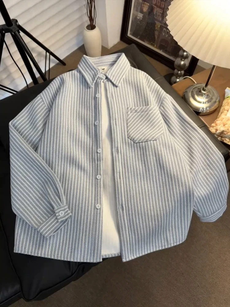 

Blue Striped Fce Lined Men's irt Long Sve Warm Casual Autumn Winter Outerwear Vintage Sle Button up Regular Fit