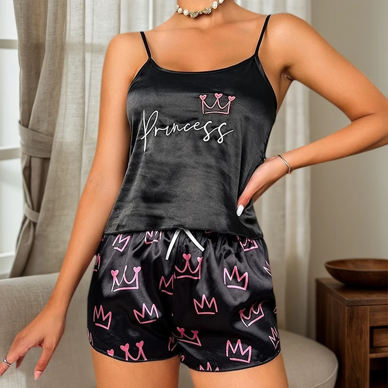 

Шелковистый пижамный комплект из 2 предметов с принтом короны для женщин, жилет и шорты с круглым вырезом, легкая и дышащая ткань, уютная одежда для сна