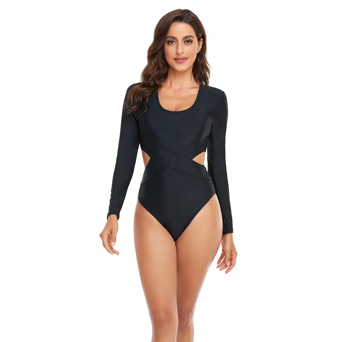 

Bathing Suit Women European And American One-piece Swimsuit Sexy Tight Solid Color High Elastic Long Sleeve Hollow Women's Fashi