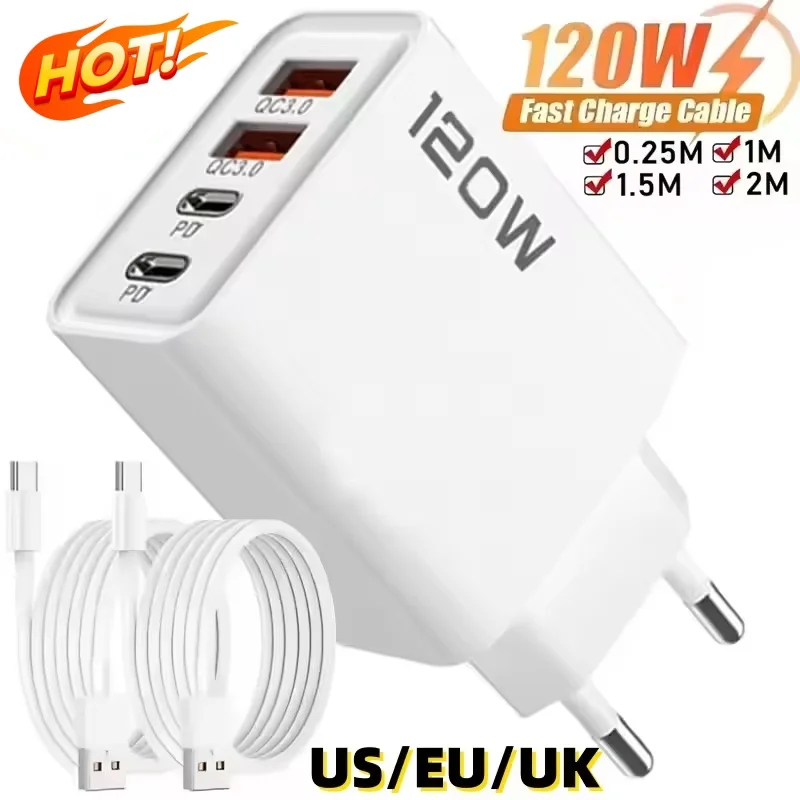 New 120W Phone Fast Charger 4 Ports USB C Charger Quick Charge 3.0 USB Type C Fast Charging Adapter For Samsung iPhone Xiaomi