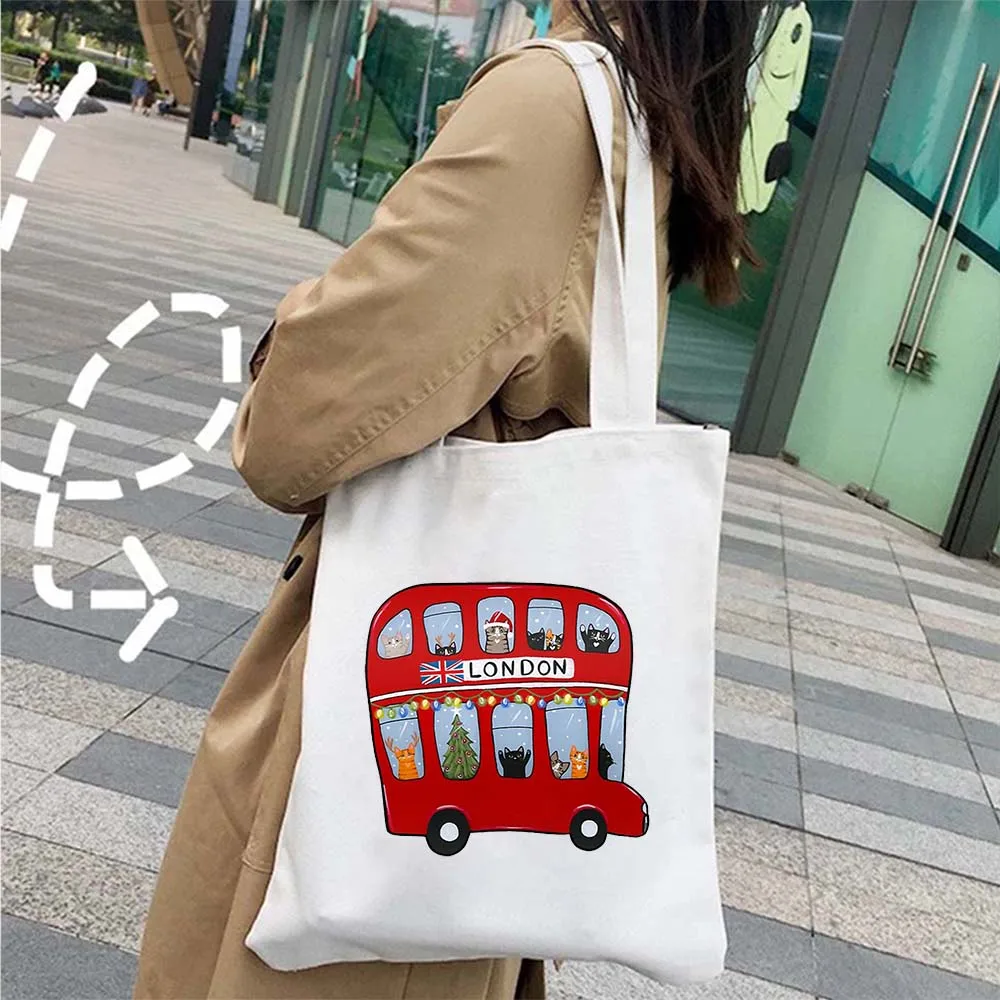 Big Ben England Feel Map Sac fourre-tout réutilisable pour femme, sac à main de grande capacité, style britannique, paysage de bus de Londres, sac initié