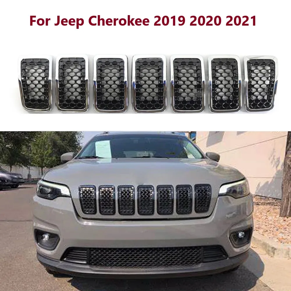 

7PCS/Set Car ABS Front Mesh Racing Grills For Jeep Cherokee 2019 2020 2021 Bright Black Exterior Honey Racing Grille