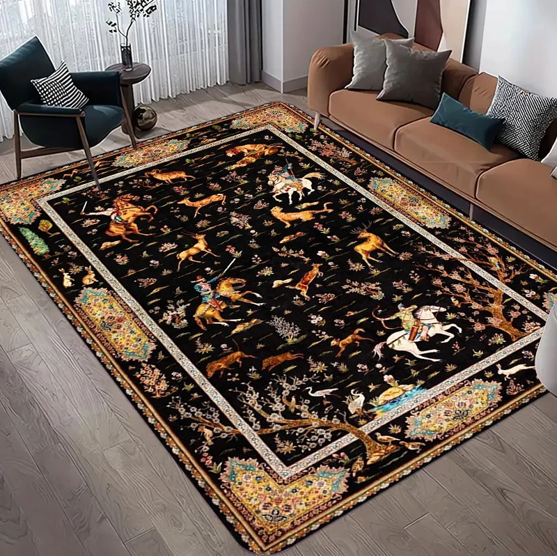 Traditional Persian Carpet Mat Rug Home Decoration Living Room Hunting Horse Middle Eastern Pattern Non Slip Soft Floor Mat