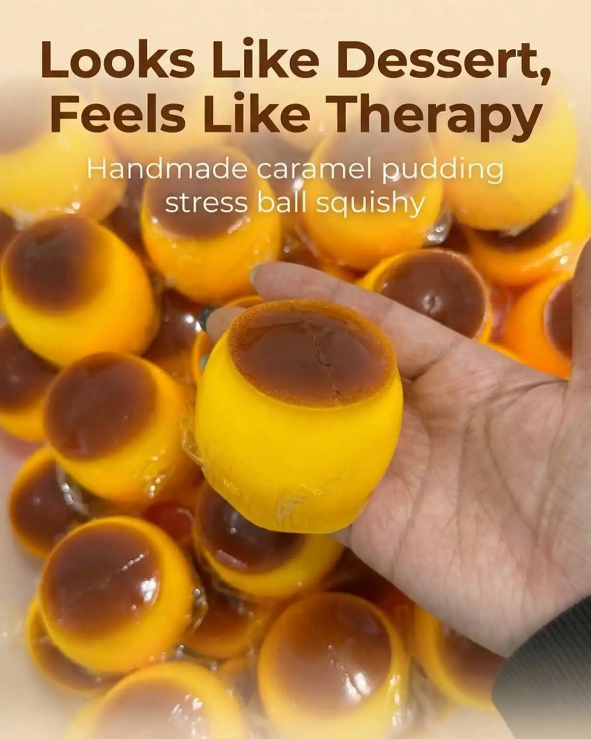 Caramel Pudding Stress Ball Squishy Crunchy Bead Filled Non Rebound Handmade Taba ASMR Anxiety Relief for Adults Party Favor Squeeze Toy Cute Realistic Food Soft Sticky Silicone Dessert