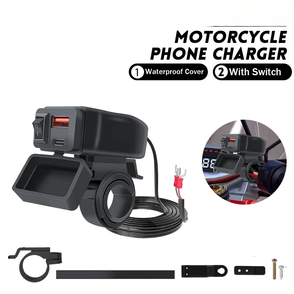 

60W Motorcycle Charger with Switch USB Type-C Power Supply Adapter Waterproof Handlebar Socket Motorcycle Accessories