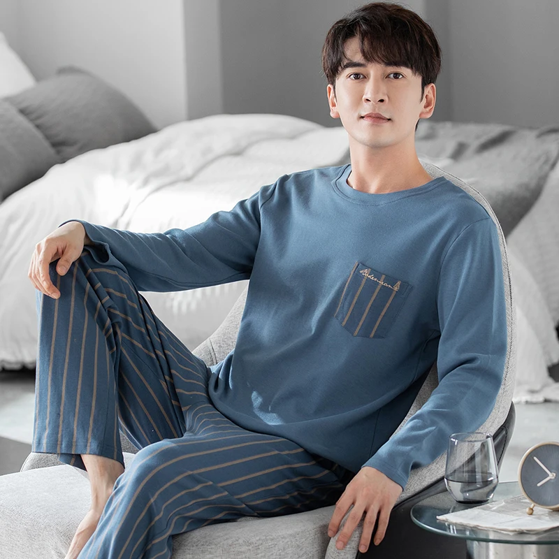 L-3XL men\'s long sleeved pajamas pure cotton round neck pullover men\'s pajamas for casual wear