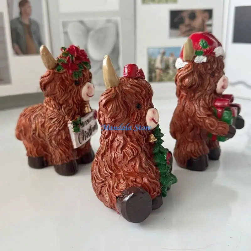 U2JC Realistic Highlands Cow Animal Figurines Resins Animal Statue Ornament for Table