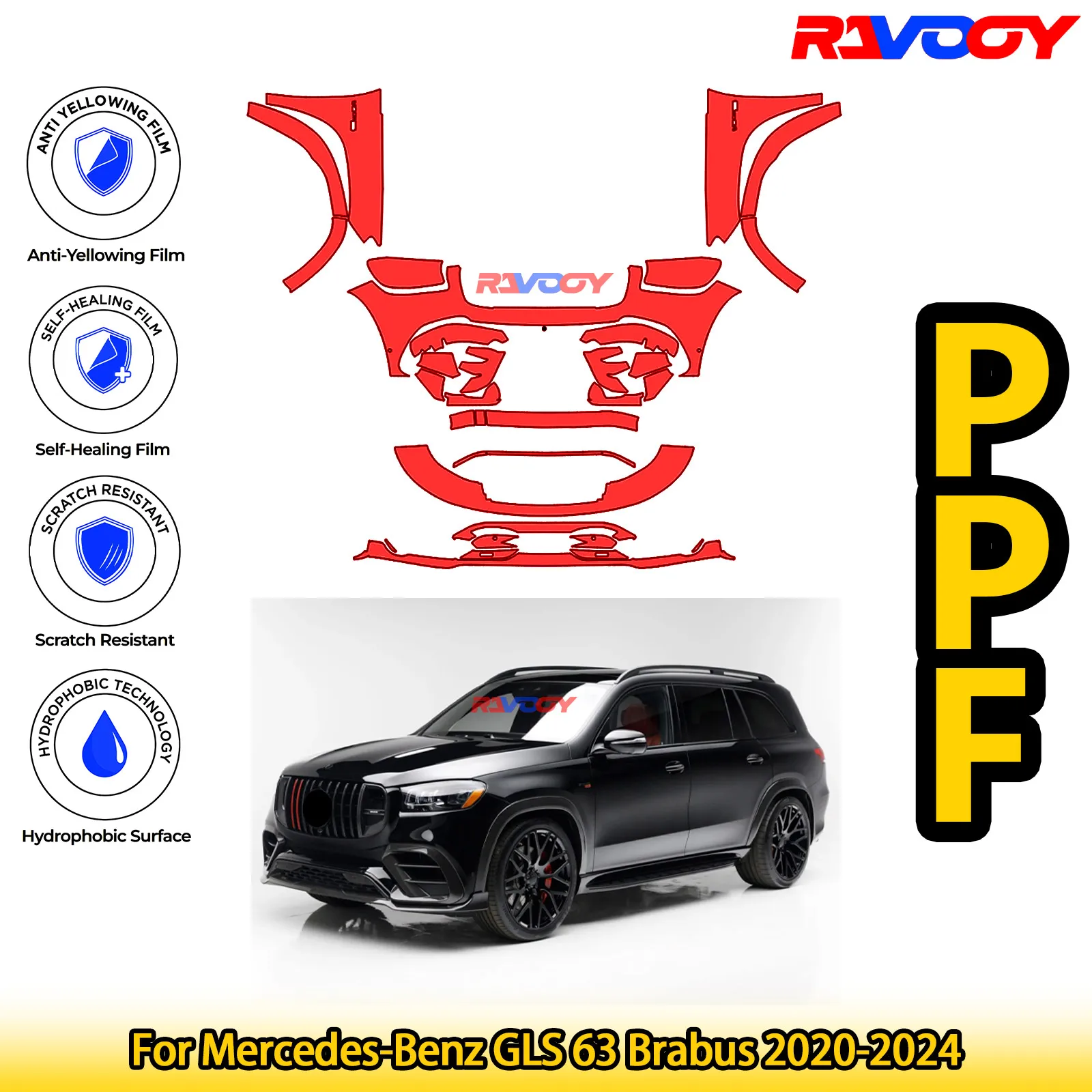 

For Mercedes-Benz GLS 63 Brabus 2020-2024 Glossy Matte Black Precut front PPF Kit Paint Protection Film