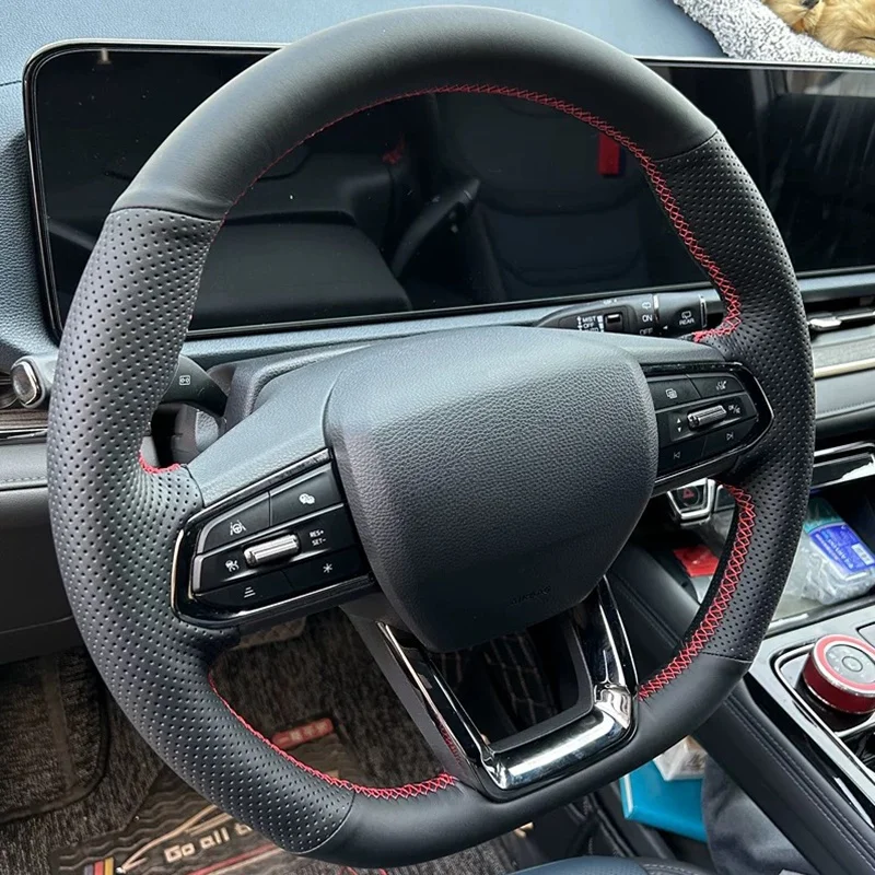 diy-カスタム手縫い滑り止め黒本革車のステアリングホイールカバーフォードテリトリー-2023-2024-オートアクセサリー