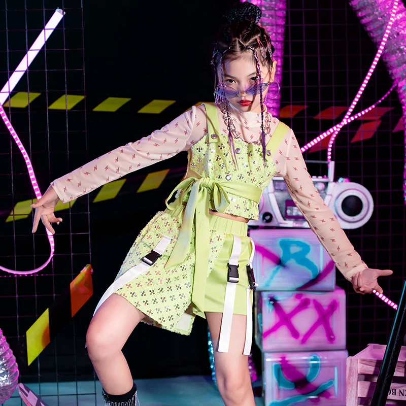 

2023 Hip Hop Dance Rave Clothes For Kids Loose Vest Skirts Kpop Outfits Girls Jazz Dance Performance Costumes Streetwear DQL8166