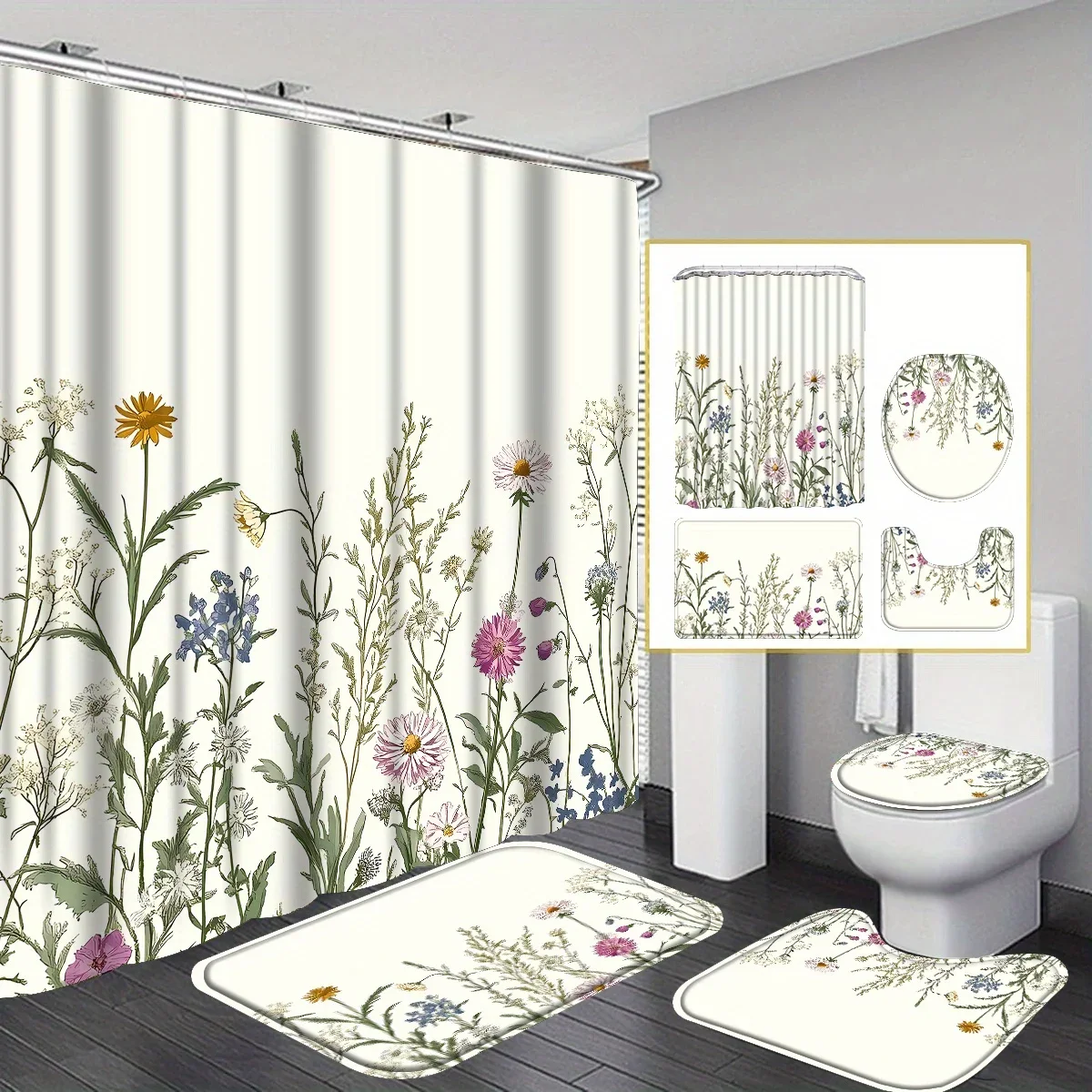 

Набор занавесок для душа с цветочным принтом и полевым цветком из 4 предметов с крючками, ковриком для ванной, U-образным ковриком для ванной и сиденьем для унитаза