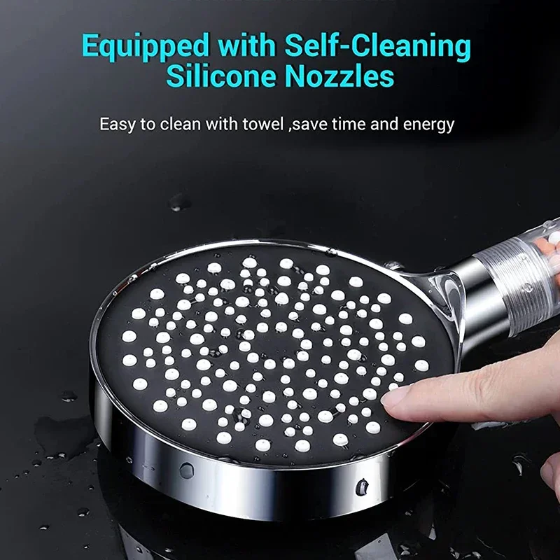 Water Saving Six Functions High Press Shower Head Handheld Powerful Flow Shower Heads with Beads Filter Pressure Boost