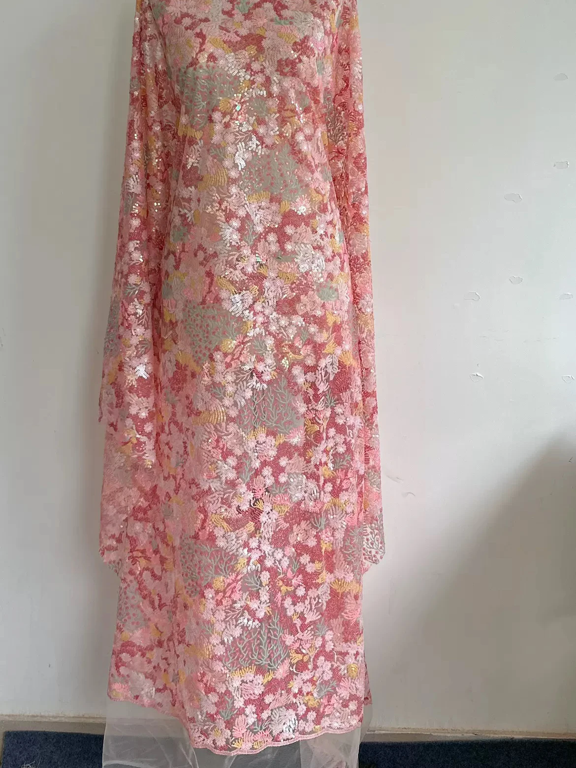 

1yardHigh quality mesh fabric Pink sequin flower embroidery tissu Dress skirt dress accessories fabric for material