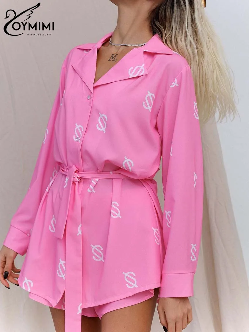 

Oymimi Fashion Pink Print 2 Piece Sets Women Outfit Elegant Lapel Long Sleeve Button Lace-Up Shirts And High Waisted Shorts Sets