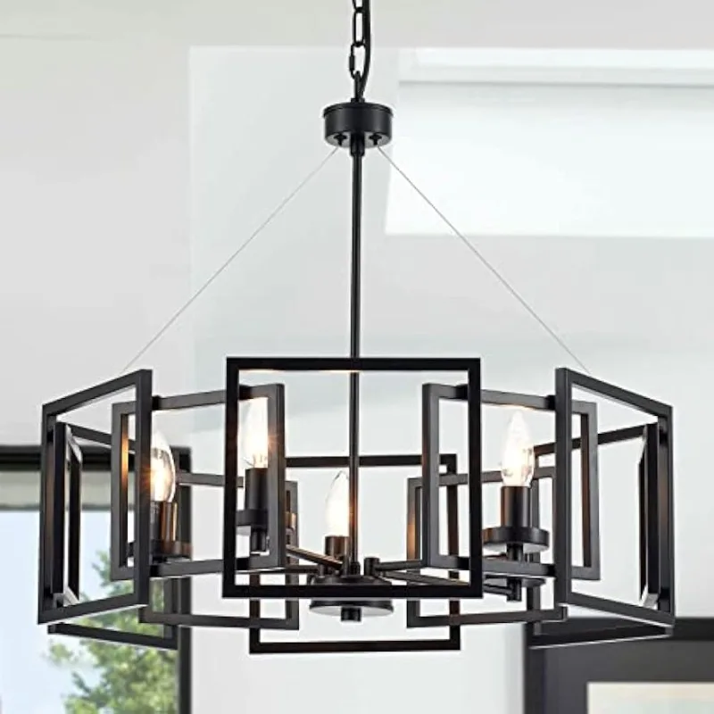 Industrial Style Chandelier, with Matt Black Finish Geometric Shade Pendant Lighting Fixture for Dining Room Living Room