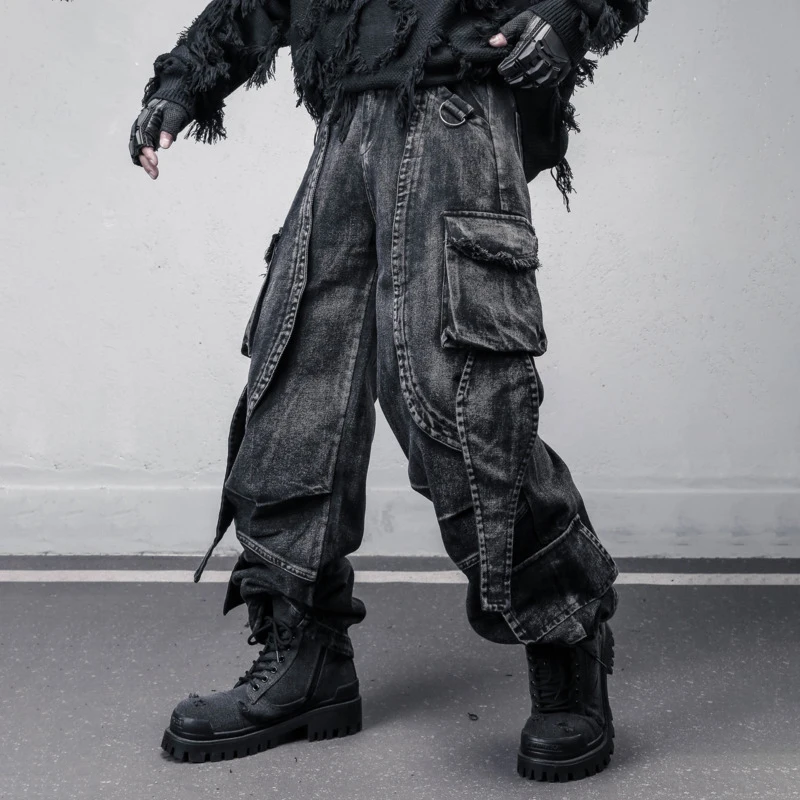 Hksh primavera outono nova tendência masculina pesada desconstruída retalhos resíduos estilo terra multi-bolso lavado retro jeans de perna larga hk13385