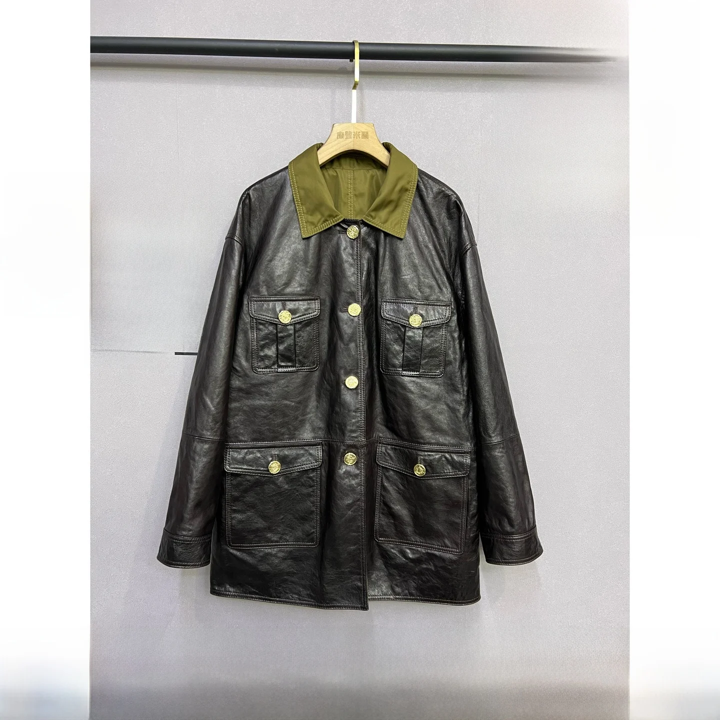 Printemps 2025 femmes Double face porter en cuir Jaet Vintage Sle mi-long Faionable coupe ample rétro vêtements d'extérieur