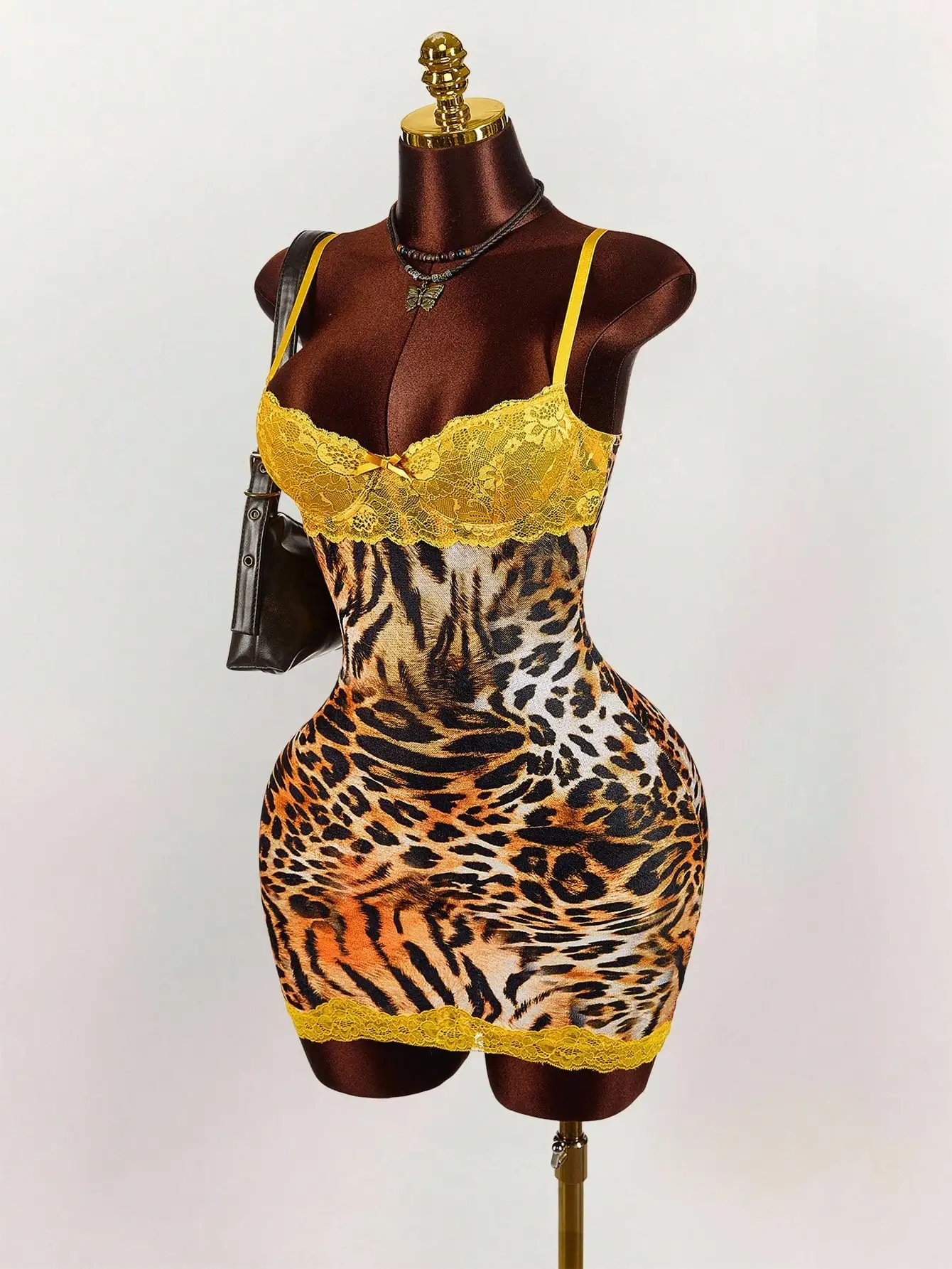 

Yellow Lace Trim Leopard Print Bodycon Mini Dress for Party Night Out